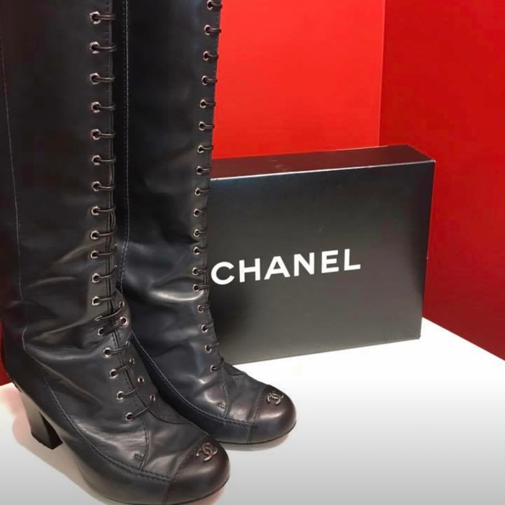 CHANEL - Leather Lace Up Boots - Size 37 (US 7)